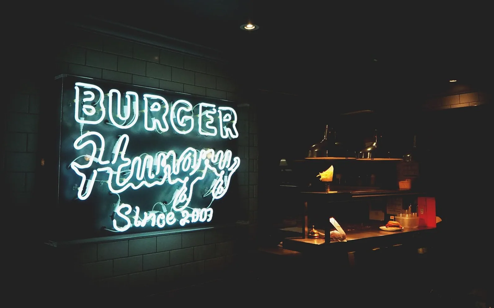 Signage, restaurant and burger